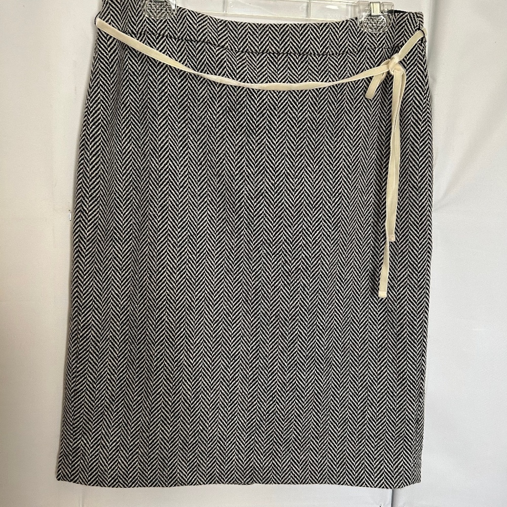 NWOT J. CREW Herringbone Wool Blend Black/White Pencil Skirt W/Ivory Belt Size 6